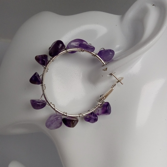 Hand Crafted Jewelry - Purple amethyst Stone silver plated Hoop Earrings